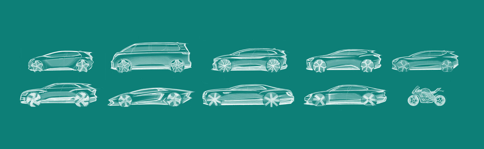 Serie von skizzenhaften, weißen Autodesigns auf türkisfarbenem Hintergrund, die verschiedene Fahrzeugtypen von Limousinen bis zu Sportwagen darstellen.