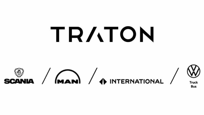 Das Bild zeigt das Traton Logo oben in der Mitte. Darunter sind die Logos zu sehen von Scania, MAN, Navistar und VW Truck Bus.
