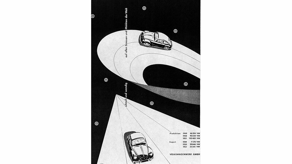 Schwarz-weiße Werbegrafik der Volkswagenwerk GmbH mit zwei VW Käfer, die sich auf stilisierten Straßen durch den Weltraum bewegen. Der Slogan „auf allen Straßen und Märkten der Welt“ ist zu lesen. Unten rechts werden Produktions- und Exportzahlen der Jahre 1950 bis 1953 aufgeführt. Die Darstellung vermittelt Internationalität und Wachstum.