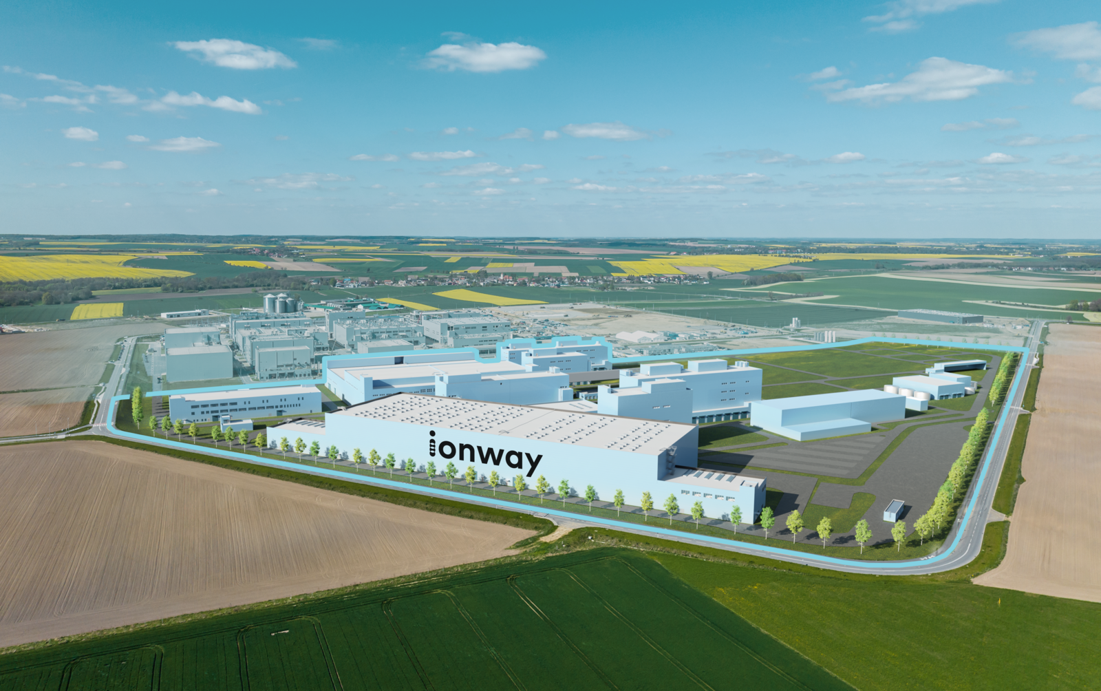 Aerial view of an industrial facility with the "Ionway" building surrounded by farmland.